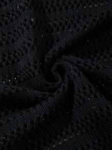 Spring/Summer Men's Unisex American Retro USA Letter Pattern Casual Hollow Out Loose Street Style Versatile Commuter Short Sleeve Knit Top Black Sweater - Black - View 10