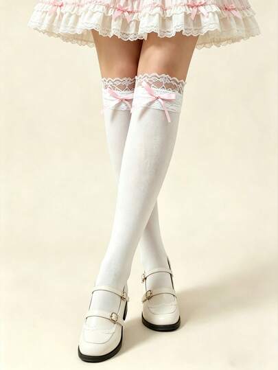1 Pc Sweet Lace Trim JK Lolita Cute Bowknot Calf Socks Knee High Socks