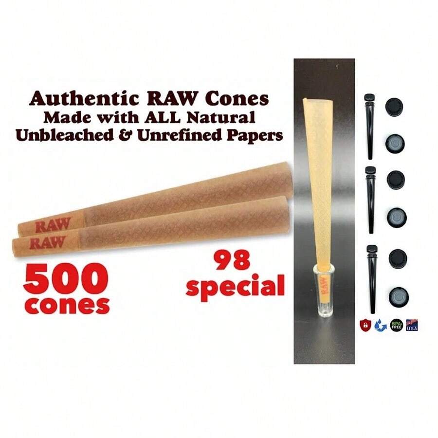 RAW 98 Special Size Cone 500PK +1 Glass Cone Tip+3 Philadelphia Tube - As Pic - View 1
