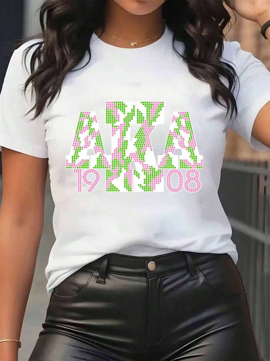 Women T Shirt Aka 1908 Pink And Green Pattern Print Round Neck Casual Daily Wear Soft Comfortable Festival 220g - 白色 - 查看 1