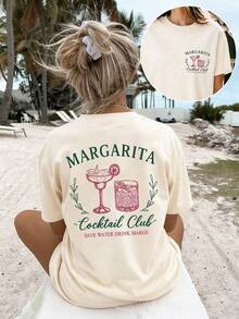 Áo thun nữ tay ngắn cổ tròn in hình câu lạc bộ cocktail Margarita, cỡ lớn, chất liệu co giãn tốt, thích hợp mặc mùa hè. - Màu be - Xem 1