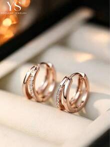 1对精美耳环 - 时尚与优雅的完美融合，双层设计，铜质微镶嵌耳钉，玫瑰金色调，适合年轻女士和学生佩戴 - 玫瑰金 - 查看 5