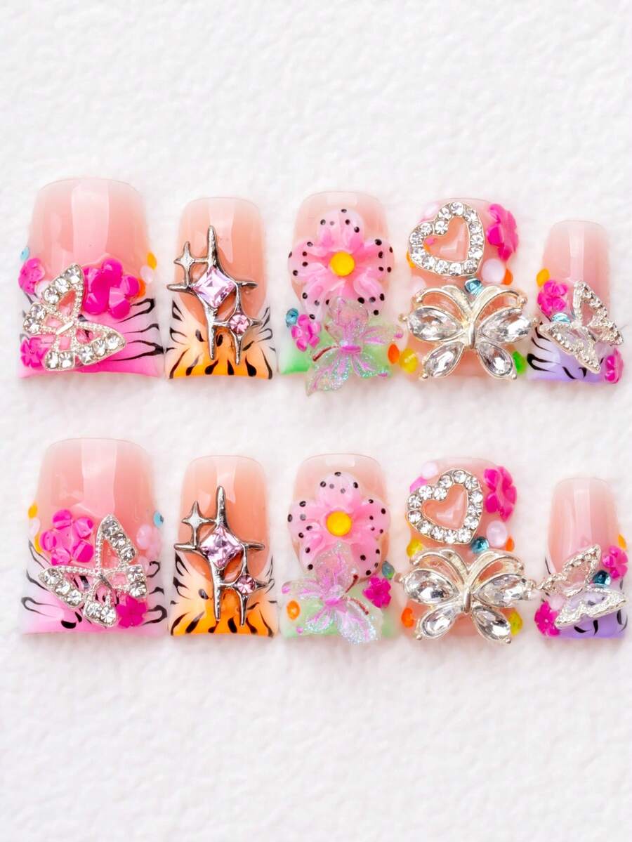 Handmade Press On Nails Sweet Y2K Pink Butterfly Flower Rhinestone Design Short Duck Nails Cute Girly Statement Nails For Party Date - Follow Your Heart - Xem 1