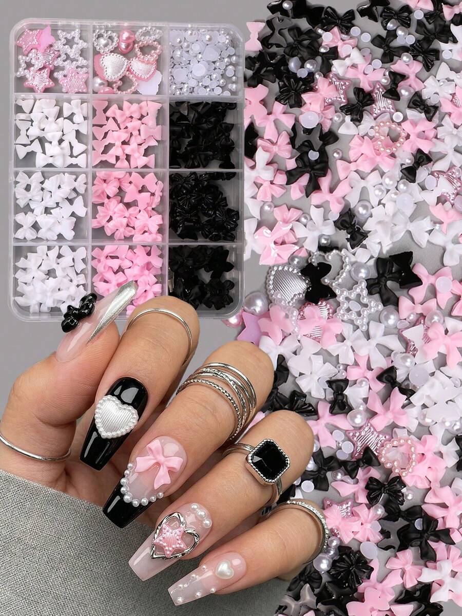 12-Grid Pink, Black & White 3D Nail Art Decorations Set, Bowknot, Heart, Star & Pearl Nail Accessories, Cute Mixed Nail Art Decor DIY Nail Tools - Multicolor - View 1