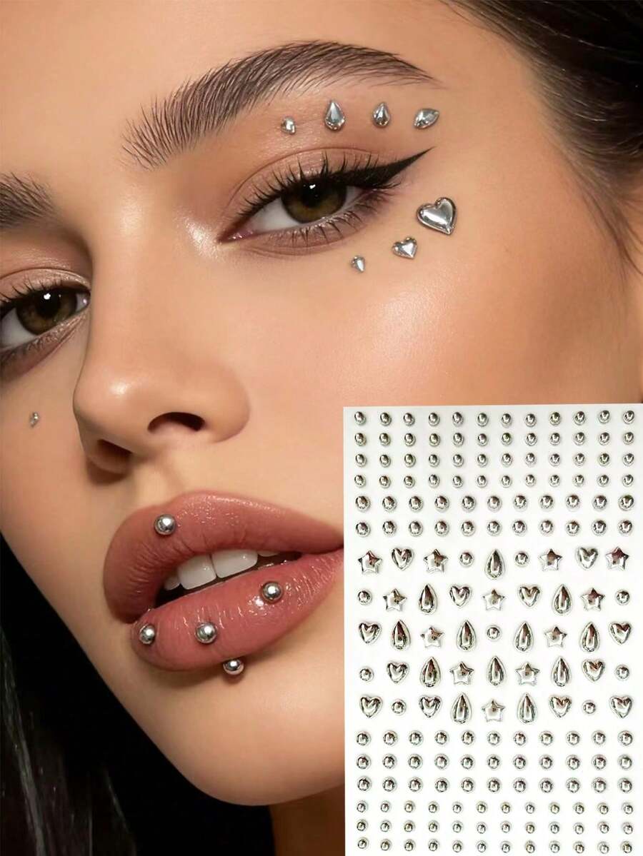 Khuyên mũi giả 3-6mm, hình tròn, trái tim, giọt nước, khuyên mũi bạc nhân tạo không cần xỏ lỗ, trang sức dán mặt cho lông mày, môi, phong cách cao bồi miền Tây Y2K, tự làm. - Bạc - Xem 1