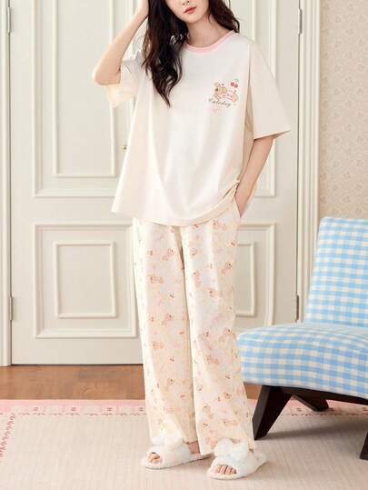 Gongdie Bộ đồ ngủ 2 món gồm áo ngắn tay và quần dài họa tiết hoạt hình, màu trắng, thích hợp mặc ở nhà vào mùa xuân/hè.