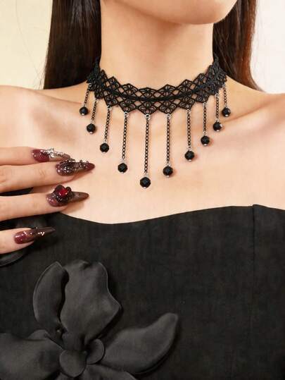 1件哥特式蜘蛛网蕾丝流苏水晶吊坠项链，复古颈链，女士款