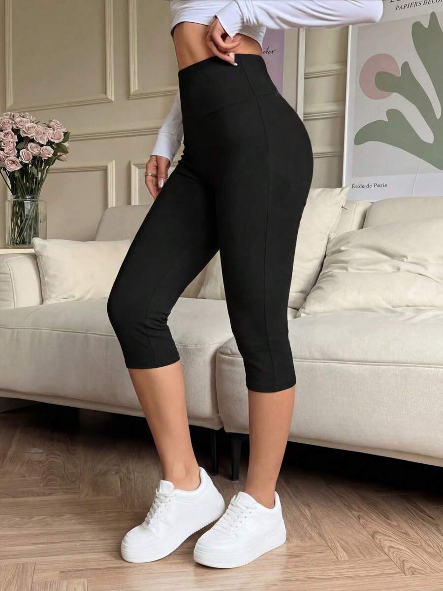 Quần legging lửng 3/4 cạp cao co giãn dành cho nữ, màu trơn, chất liệu polyester dệt kim, phù hợp cho mùa xuân, mùa hè và mọi mùa. - màu đen - Xem 1