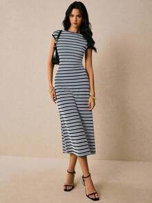 Vestido ajustado de mujer con rayas de moda, de verano - Azul y blanco - Ver 9