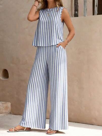 Último conjunto de 2 piezas a rayas azul y blanco, de moda para vacaciones, viajes y uso urbano, primavera/verano