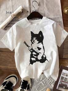 New Spring/Summer 2026 Women's Round Neck Animal Print Fashion Cool Short Sleeve Summer Casual T-Shirt - White - View 1