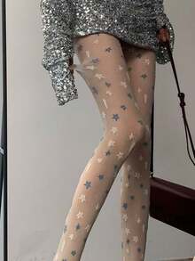 1件轻盈浪漫的白蓝星形提花连裤袜，春夏少女风 - 彩色 - 查看 9