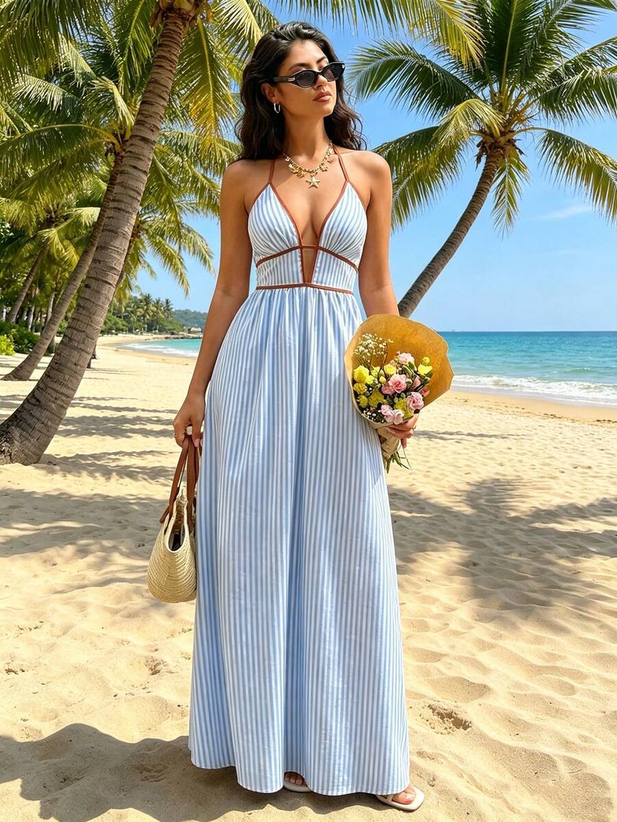 Vestido de estilo de vacaciones fresco y nuevo de verano, vestido de tirantes finos con escote en V profundo, a rayas, sin espalda, estilo bohemio, casual y elegante para fiestas - Celeste - Ver 1