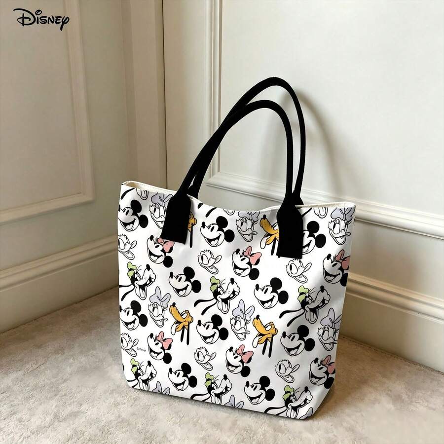 Disney Mickey Mouse & Friends Canvas Tote Bag, All-Over Character Face Print Shoulder Bag For Daily Use - Black - View 1