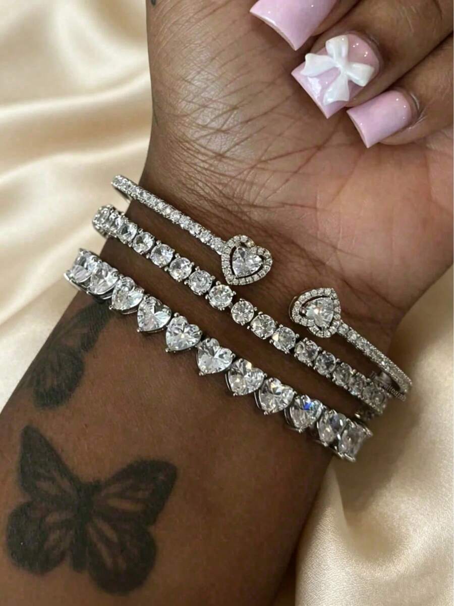 18K Gold-Plated Stainless Steel Diamond Heart Bracelet Set, 14K Gold Cubic Zirconia Open Bangle Bracelet, Fashionable Daily Wear, Holiday Gift For Women