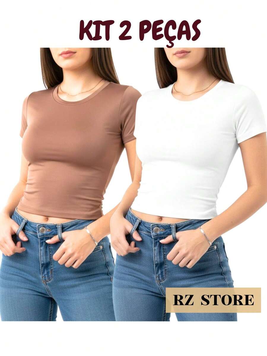 Kit Of 2 Women's Baby Tees In Slim Fit Suplex | Fitted Short-Sleeve Shaping Blouse, Non-Closure, Basic Premium, Various Colors, Ready To Ship - Nude White - View 1