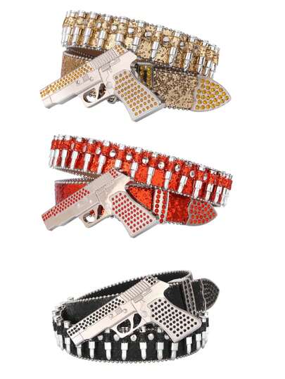 1 pieza Cinturón de estilo callejero estadounidense de mini pistola multicolor con tachuelas y cristales de strass, cinturón de cuero punk hip hop con balas y remaches, adecuado para el estilo "baddie" y Y2K