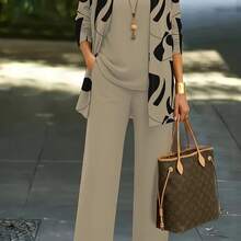 3pcs Women's Set: Abstract Print Cardigan With Vest Top And Elegant Casual Pants, Essential For Casual Attire - Mixed Colors - View 1