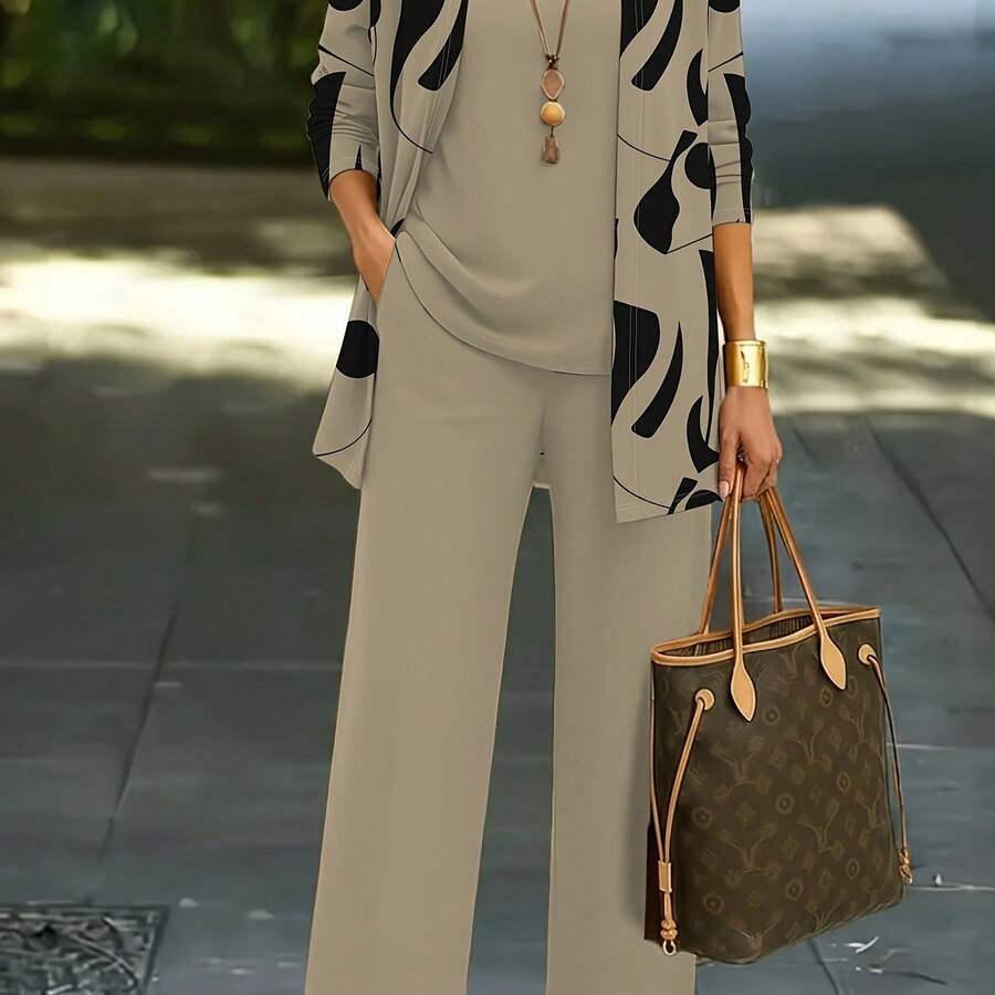 3pcs Women's Set: Abstract Print Cardigan With Vest Top And Elegant Casual Pants, Essential For Casual Attire - Mixed Colors - View 1