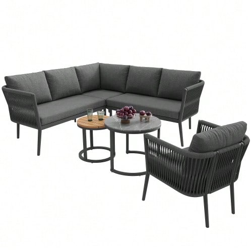 Garden Lounge Set For 5-6 People, Large Outdoor Sofa Set, 6-Tier Seating Group With Water Bench And Kissing Bench, Modular Sofa Set For Terrace With Balcony, Grey