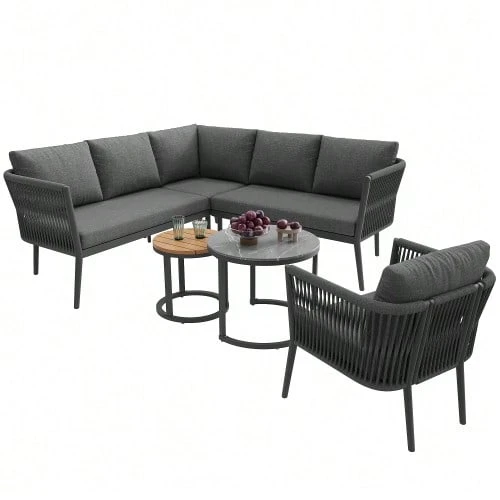Conjunto de salón de jardín para 5-6 personas, conjunto de sofás de exterior grande, grupo de asientos de 6 niveles con banco de agua y banco de besos, conjunto de sofás modulares para terraza con balcón, gris - Gris - Ver 1