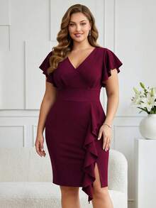 Plus V Neck Flounce Sleeve Contrast Ruffle Hem Evening Party Bodycon Dress - 紫紅色 - 查看 1