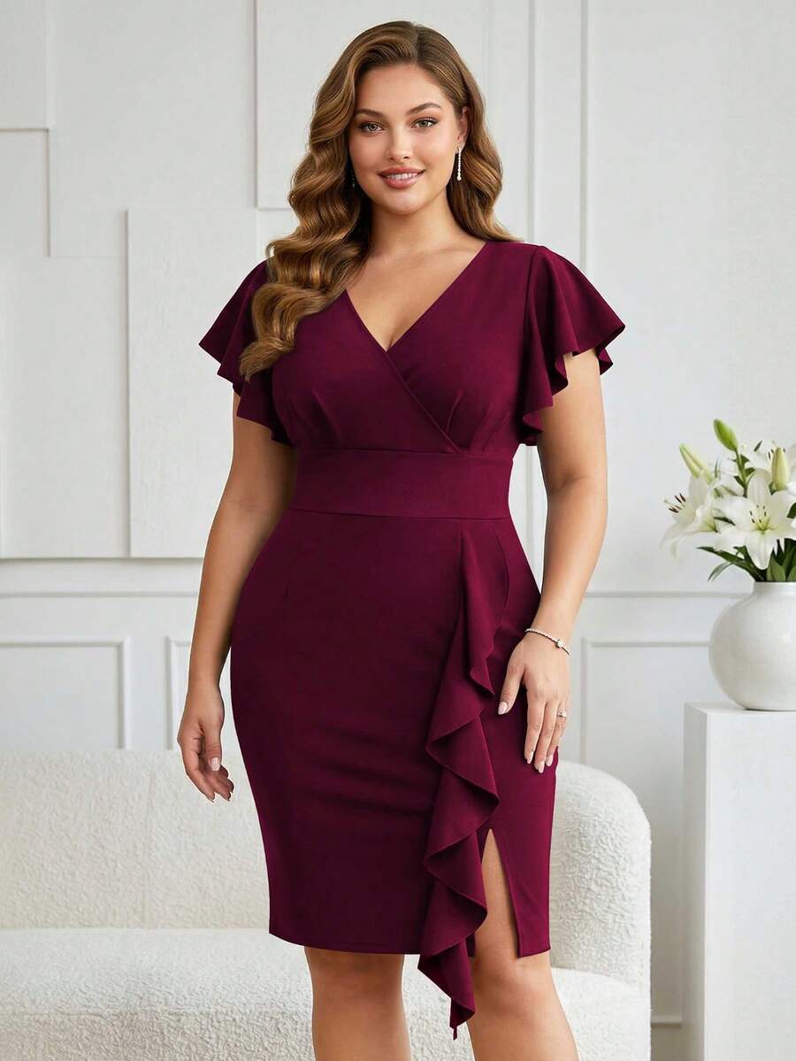 Plus V Neck Flounce Sleeve Contrast Ruffle Hem Evening Party Bodycon Dress - 紫紅色 - 查看 1