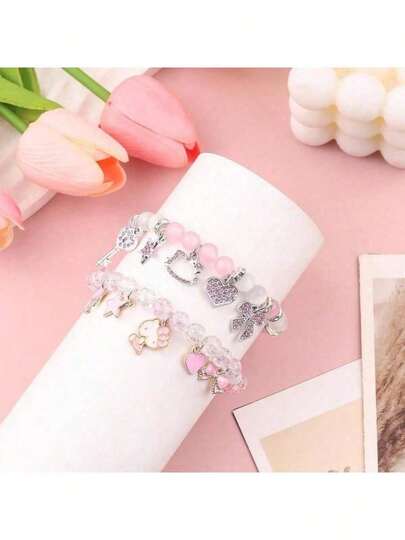SANRIO 1 pièce Bracelet chat mignon Hello chat, collection Kawaii, bracelet d'amitié avec perles en cristal élastique. Cadeau d'anniversaire, de Noël, de bijoux, cadeau parfait pour la petite amie pour la Saint-Valentin, cadeau de fête