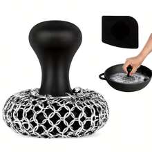 1pc Cast Iron Chainmail Scrubber + Flat Pan Scraper - Ergonomic Stainless Steel/Silicone Cookware Scouring Pad - Easy To Clean, Dishwasher , Cookware Sponge Accessory - 1pc - View 9