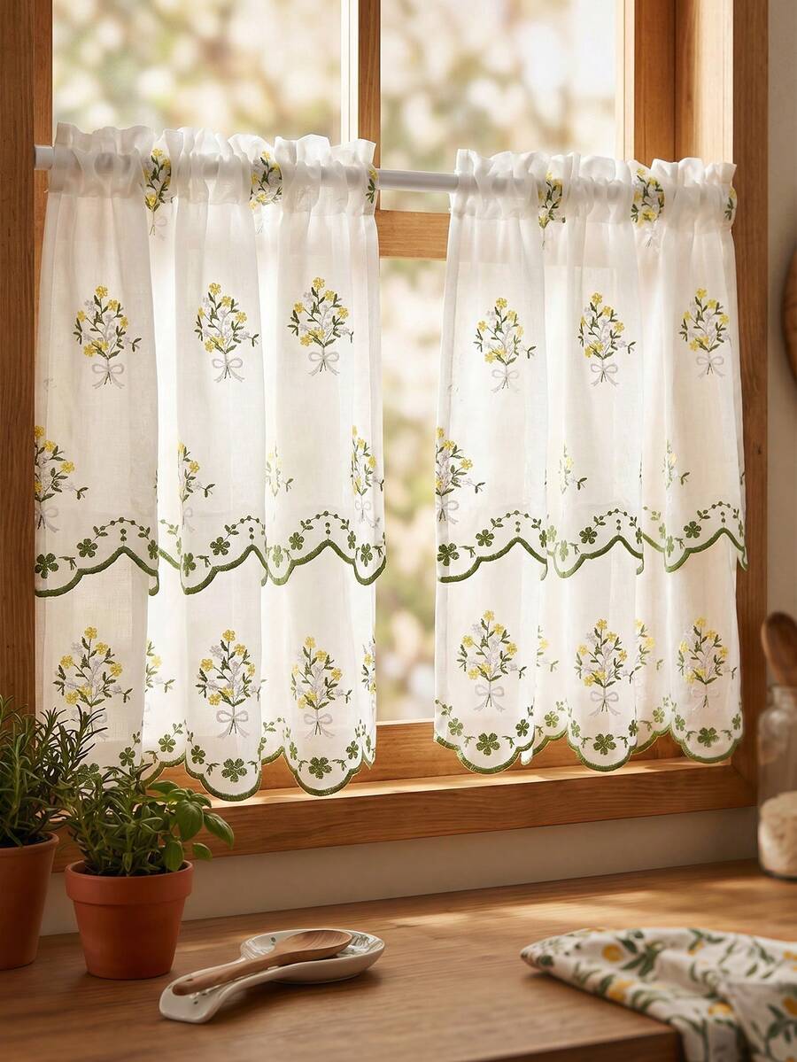 1pc Country Style Larkspur Embroidered Sheer Curtain Panel - Semi-Transparent Polyester Sunshade, Rod Pocket Top Design, Suitable For Kitchen, Dining Room And Living Room Decor | Room Decoration - White - View 1