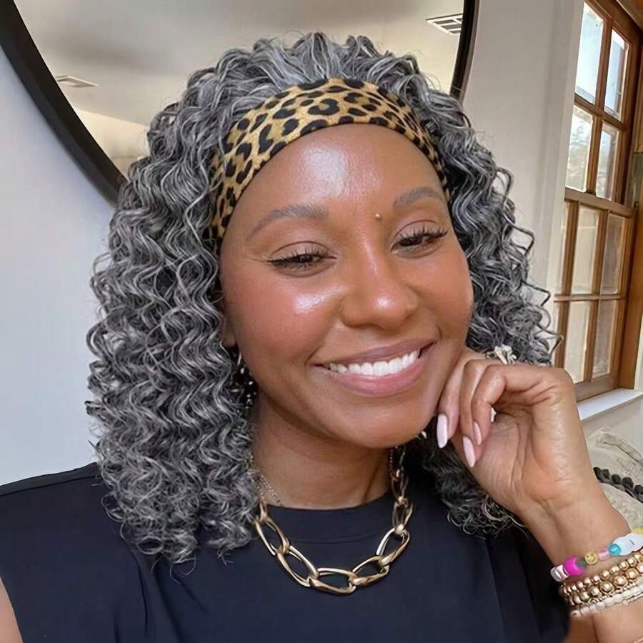 Short Afro Kink Curly Grey Headband Wigs For Women12inch Shoulder Length Salt And Pepper Headband Wig For Women Synthetic Deep Curly Head Band Wig Daily Use (1B/Grey) - 12inch-Curly-1B/GREY - 查看 1