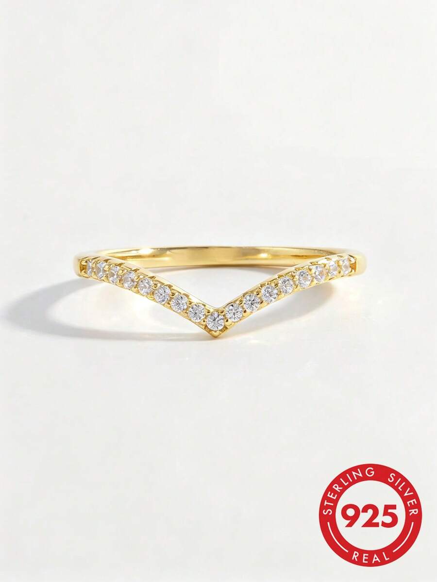 Vaerine 1pc Glamorous Cubic Zirconia Decor Silver Ring For Women For Daily Decoration Wedding Engagement Bridal Jewelry - Gold - View 1