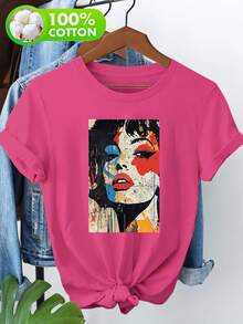 Damtoppar 2026 100% Outdoor T-shirt med tryck, Dam kortärmad T-shirt, Konstnärligt porträttmönster tryckt avslappnad T-shirt sommaroutfit kvinnor - Svart - Visa 6