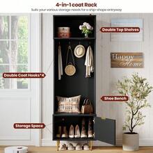 Árbol de entrada ahorrador de espacio con banco y almacenamiento – Perchero de 74 pulgadas, 4 ganchos dorados, patas de metal, organizador de zapatos – Mueble moderno para recibidor o sala de estar – Blanco - Negro - Ver 7