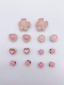 14个休闲粉色（珍珠花、爱心、蝴蝶结）鞋夹，DIY装饰，适用于女士凉鞋、拖鞋、沙滩包，多功能鞋饰，非常适合作为圣诞节、万圣节和生日派对礼物。 - 粉色 - 查看 7