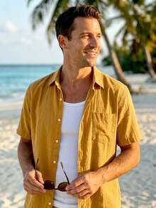 Áo sơ mi nam tay ngắn cổ Henley dáng rộng, thoải mái, chất liệu vải lanh kiểu Hawaii. - trái cam - Xem 2