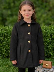 Girls' Soft Fabric Overcoat – Warm Coat With Front Buttons And Elegant Design For Winter - 黑色 - 查看 2