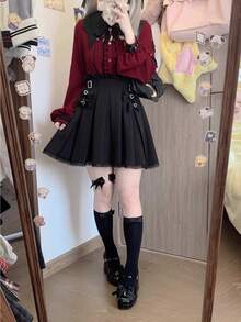 Dark Halloween Vampire Sweet Cool Bat Race Color Black Red Long Short Sleeve Shirt Top Thread Shirt - Black Midi Skirt - View 2