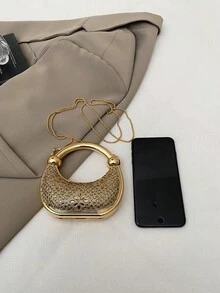 奢华水晶亚克力晚宴包，迷你手拿包，时尚明星正式场合手提包，高端水钻斜挎小包，口红零钱包，新月形包 - 金色 - 查看 9