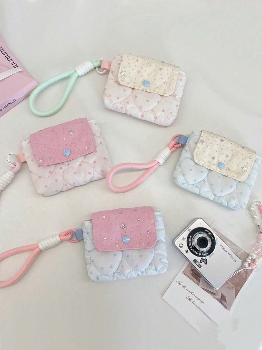 Cute Star Heart Quilted Camera Bag Heart Quilting Ccd Camera Protective Case Multi-Use Organizer Portable Wristlet Snap Closure Y2k Style Organizer
