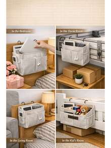Space-Saving Bedside Storage Caddy With Sturdy Iron Hooks Durable Canvas Hanging Organizer For College Students And Dorm Life Aesthetic Dormitory Bedside Bag To Hold Tablet Books Remote Control And Phone For Bunk Bed Rails Couch And Desks Bedroom Storage Dorm Essentials Home Accessories - 彩色 - 查看 2