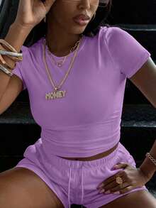 Conjunto de camiseta de manga corta y pantalones cortos de unicolor para mujer con estilo - Púrpura malva - Ver 3