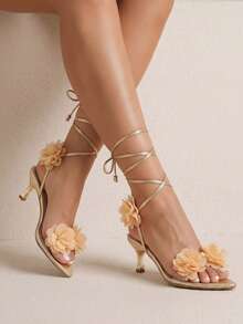 planare 新款优雅法式仙女风系带3D立体花朵高跟凉鞋，尖头细高跟设计，适合约会、派对等各种场合，现有金色、杏色、米色可选 - 金色 - 查看 2