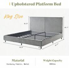 Full/Queen/King Upholstered Bed Frame With Gap-Free 3.5" Thick Headboard – Corduroy Platform Bed With Fully Padded Design & Metal Slats, No Box Spring Needed - Grey - View 12