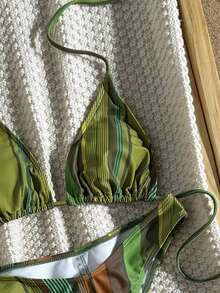 2pcs Striped Elegant Backless Halter Triangle Bikini Top And Bottoms, Swimwear For Women, Suitable For Beach, Pool, Water Sports In Summer Vacation - Multicolor - View 4