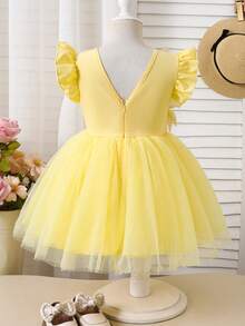 Girls' Best-Selling Light Yellow Mesh A-Line Princess Dress, V-Neck Zipper Design, Sweet Casual Cute Style, Spring/Summer - Yellow - View 7
