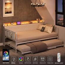 Conjunto contemporáneo de cama nido doble con cajón – Cabecero tapizado, luz LED, estación de carga, estructura de metal robusta – Sofá cama ideal para dormitorio, sala de estar, habitación de invitados – Hierro negro con respaldo de lino gris y tablero vintage. - Blanco - Ver 3
