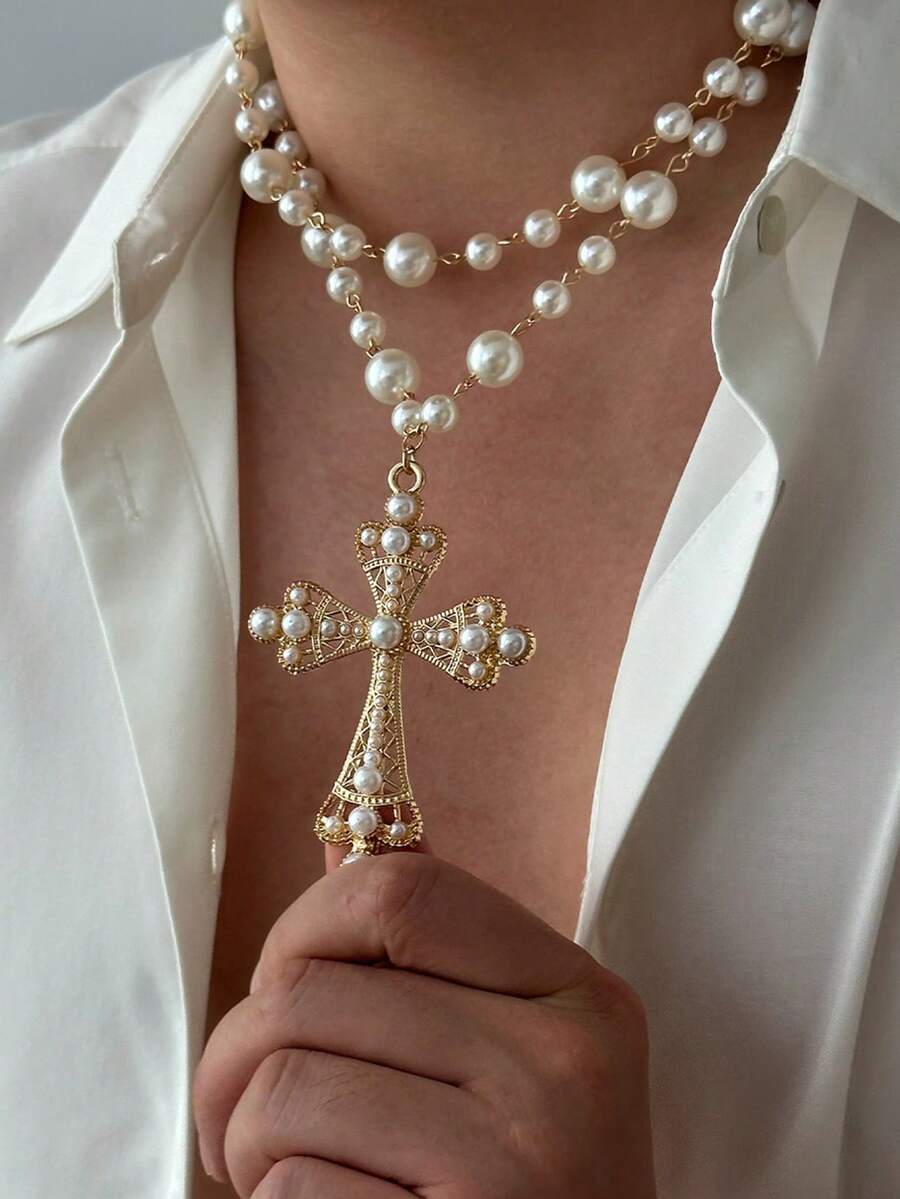 Bộ 2 chiếc dây chuyền mặt thánh giá kiểu Baroque thời trang nữ, đính ngọc trai giả, thích hợp đeo hàng ngày, dự tiệc và các buổi gặp gỡ xã giao. - Vàng - Xem 1