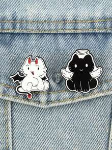 2pcs Creative Cute Angel Devil Cat Enamel Pins, Funny Devil White Cat & Angel Black Cat, Fashionable Backpack Accessories, Unisex Gift Idea - Multicolor - View 5