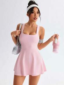 Dewbera Vestido deportivo informal de mujer de unicolor con espalda cruzada - Rosa - Ver 12